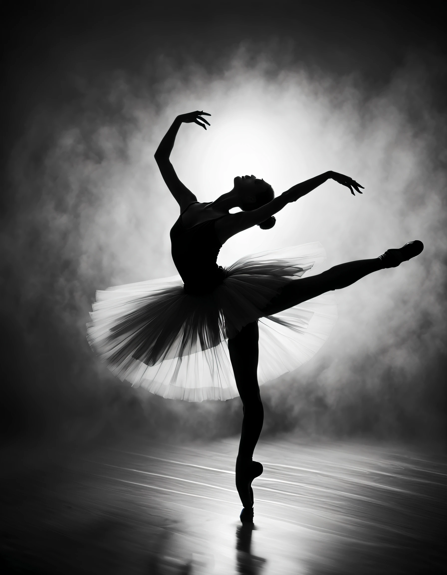 a ballet dancer'The figure of S is faintly visible in the thick fog, dynamicposes, Mono Color, Very soft backlight, Black light art,black and white photography (tmasterpiece), super detailing, high detal, high high quality, Award-Awarded, Best quality at best, A high resolution, 16k black and white photography,