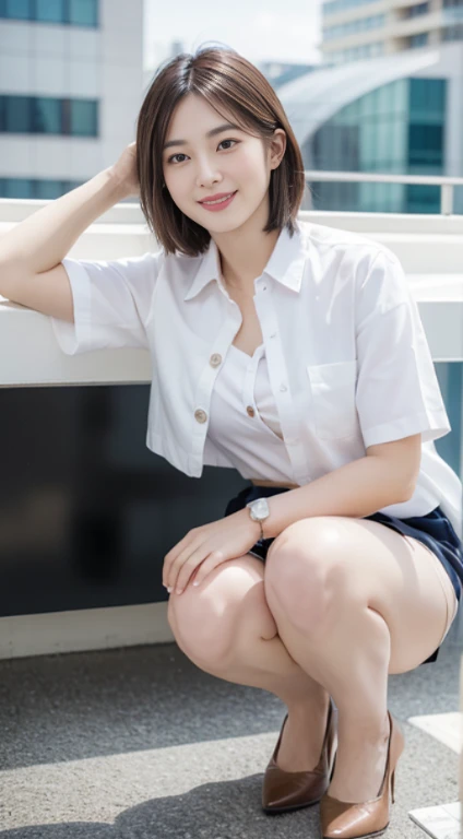 (8K, Best Quality, masutepiece:1.2), (Realistic, Photorealsitic:1.37), Ultra-detailed, 1 girl, full body Esbian, Outdoors, (Adjust hair:1.5) Office Lady, Black Office Blazer, Office Skirt, (Button Short Down Shirt:1.2), Upcolor prim with buttons, Down color prim with buttons, Bra, Alpha Layer, high-heels, Beautiful earrings, Cute, Solo, Beautiful detailed sky, (Smile:1.15), (Closed mouth), Beautiful detailed eyes, Business attire, (Naked meat,short ear-length hair:1.2), Floating Hair NovaFrogStyle,