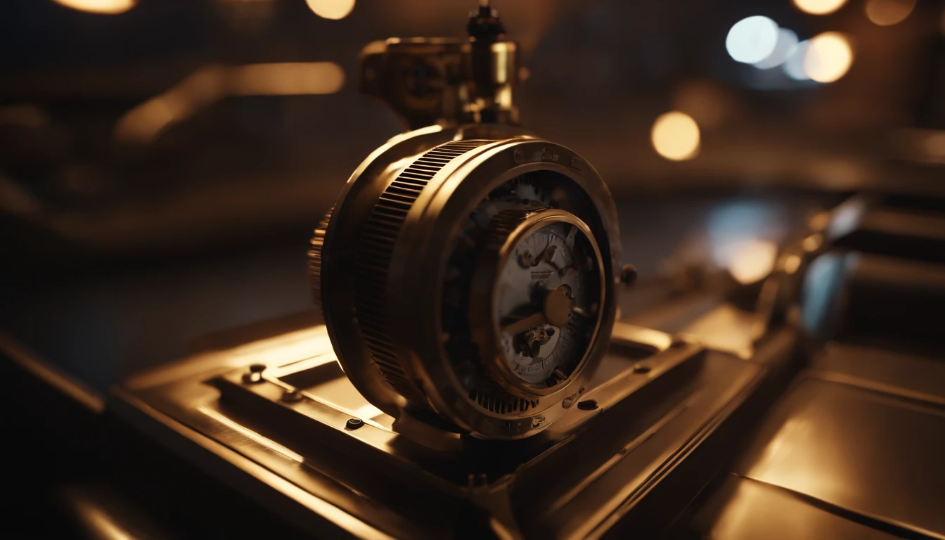 realistic, personality: [Create a dynamic montage of close-up shots of flashing lights and spinning gears as the time machine activates. The lights should be vibrant and eye-catching, creating an atmosphere of suspense and intrigue. The gears should rotate smoothly, indicating the activation of a powerful machine.] unreal engine, hyper real --q 2 --v 5.2 --ar 16:9