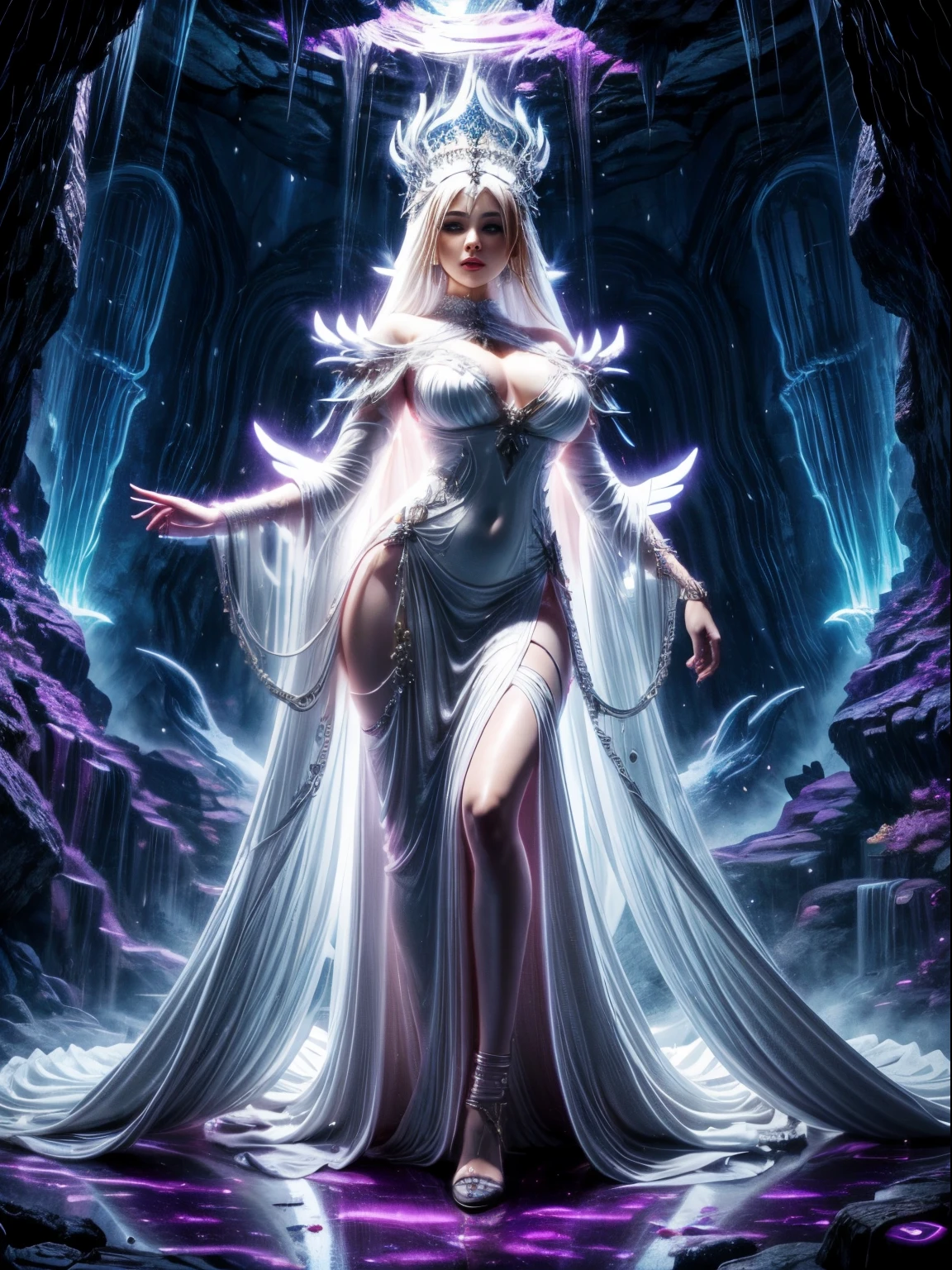 The goddess who descended into the cave, the whole body is shining, detailed white luxury dress, full body shot, Blacklight, giga_busty