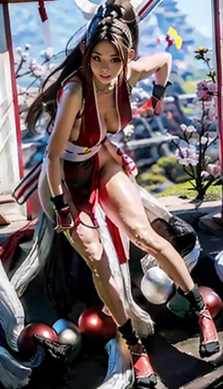mai shiranui, Brown eyes, (Full body portrait:1.4), (Standing), Full body, Prestige, Long hair, Brown hair, White ribbon, Sleeveless, poneyTail, sash, pelvis curtain, arm guards, mitts, (tabi:1.3), fascinated expression, Sexy eyes, medium breasts, Smile, Cute, view the viewer, Long hair, Close to Japan temple, (breasts focus:1.2), (Realistic:1.2), (Full Shot: 1.2), (Realism), (masutepiece:1.2), (Best Quality), (ultra-detailliert), (8K, 4K, Convoluted), (85 mm), light Particle, Lighting, (Highly detailed:1.2), (Detailed face:1.2), (gradients), SFV, Colorful, (Detailed eyes:1.2), (Detailed temples of Japan: 1.2),(Detailed background), (Dynamic Angle:1.2), (Dynamic Pose:1.2), (Line of action:1.2), Wide Shot, Daylight, Solo.