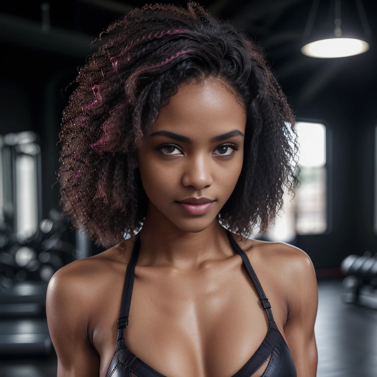 (editorial photograph of a pretty  coloured south African woman), (slim top, cotton panties, MMA gloves), (straight non curly hair), (highly detailed face:1.4), (muscles:1.2), (MMA pose:1.2), (background inside light, bright, private gym:1.1), (8k, uhd, dslr, high quality, cinematic lighting, bokeh), (dramatic, award winning photography, incredible masterpiece:1.3), (((sexy sultry stare at camera)))