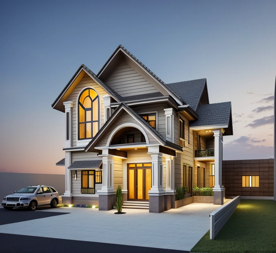 Ultra-realistic 8k, hd image quality, sharp detail, 2-story modern house, main materials: white walls, wooden ceiling accents, large glass windows, roads, cars, sidewalks, American Palm trees high, has a small alley, located in a residential area, modern style, shimmering sky, sunset light, feels peaceful, beautiful, close and warm, ((Warm light from indoor:1.3)), (daylight:1.2), perfect lighting,dynamic light,2 large glass doors,((1 large glass window:1.3)), (night light), (colorful flowers in front of the house)