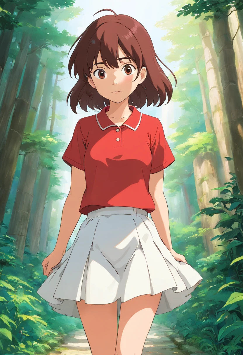 Anime character wearing red shirt and white skirt standing in front of white background, Ghibli animation style, style in ghibli anime, studio ghibli and shinkai makoto, chihiro! fujisaki, heroines 👀 :8, Studio Ghibli anime screenshots, heroines, Iwakura Company, From Studio Ghibli movies, in the studio ghibli anime film,Lateral face,on back,walk