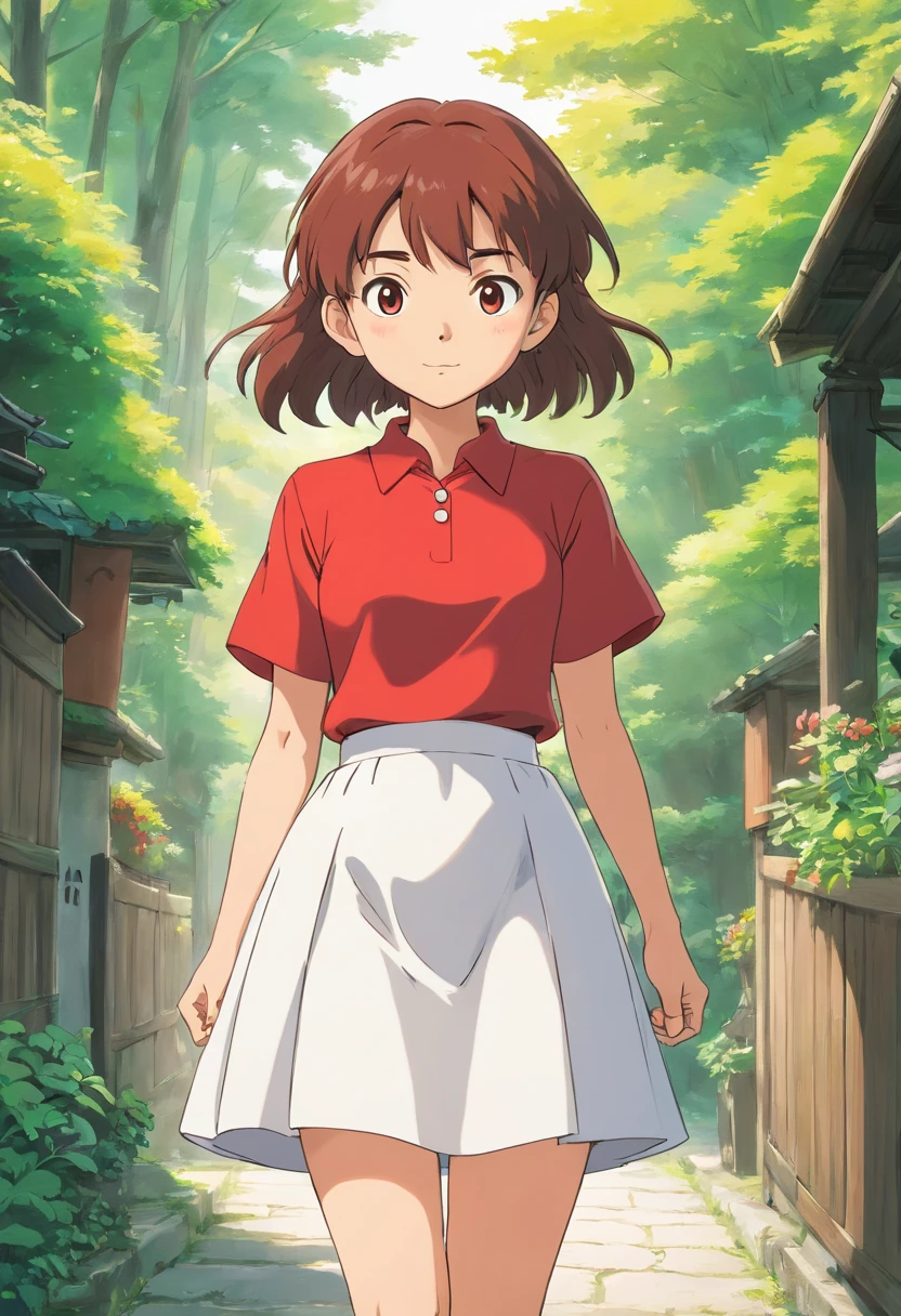 Anime character wearing red shirt and white skirt standing in front of white background, Ghibli animation style, style in ghibli anime, studio ghibli and shinkai makoto, chihiro! fujisaki, heroines 👀 :8, Studio Ghibli anime screenshots, heroines, Iwakura Company, From Studio Ghibli movies, in the studio ghibli anime film,Lateral face,on back,walk