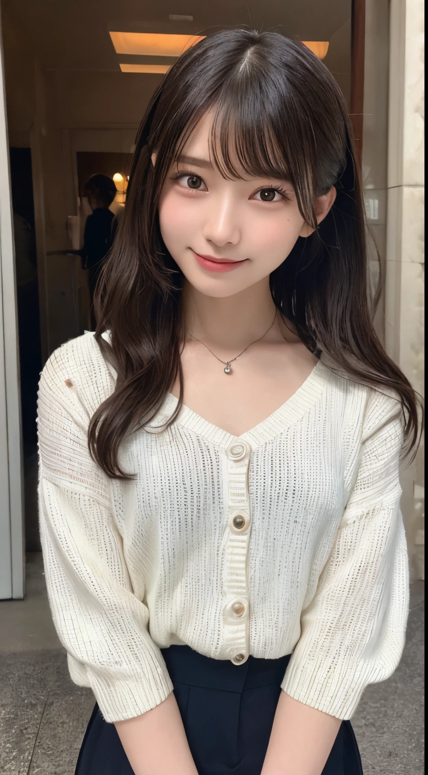 NFSW、masutepiece、masterpiece、1 girl in、(close up of face、cowboy shot)、Straight front view、japanes、very young cute woman、(The cutest girl in the world)、12year old、Smaller face、large full breasts、Autumn knit jacket、Sheer inner、Chiffon skirt、Ultra-detailed costumes、Smiling in a café、Scrunchie、Thin necklace、Glamorous figure、hyper cute face、shiny lip、Double eyelids in both eyes、 natural make up、long eyeslashes、shiny smooth light brown hair、bangss、Short twin tail hair、asymmetrical bangs、image in center、8K分辨率、high détails、Detailed hairstyles、A detailed face、spectacular movie lighting、octane renderings、with a vibrant、Ultra-realistic、Perfect limbs、perfect anatomia