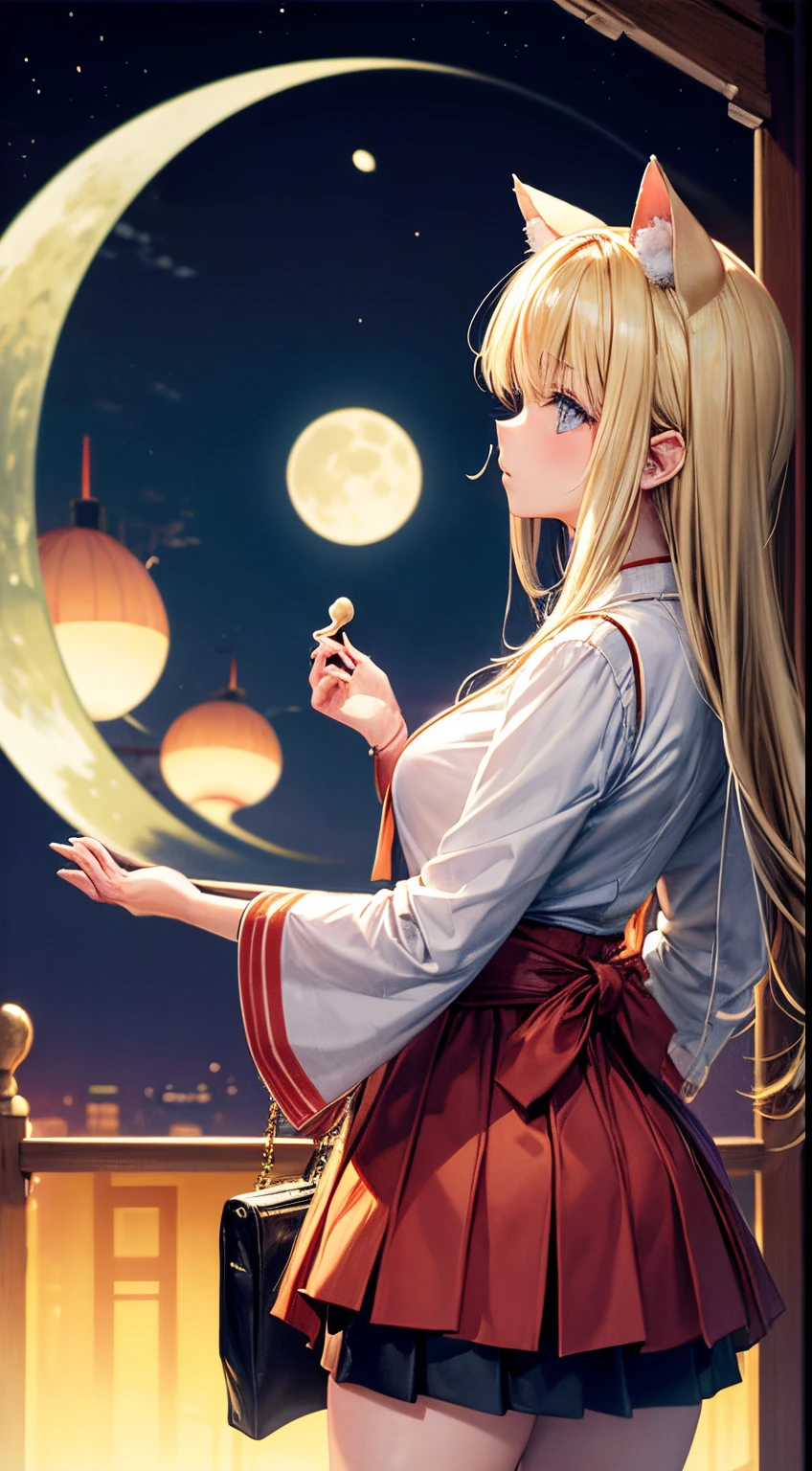 Shigeru Tamura, Anne Anderson, Surreal, mysterious, bizarre, fantastical, fantasy, Sci-fi, Japanese anime, blonde miniskirt beautiful girl Alice, perfect voluminous body, On a night with a crescent moon, to eat moon viewing dumplings, With a cat, Night city, skyscrapers, tranquility, detailed masterpiece