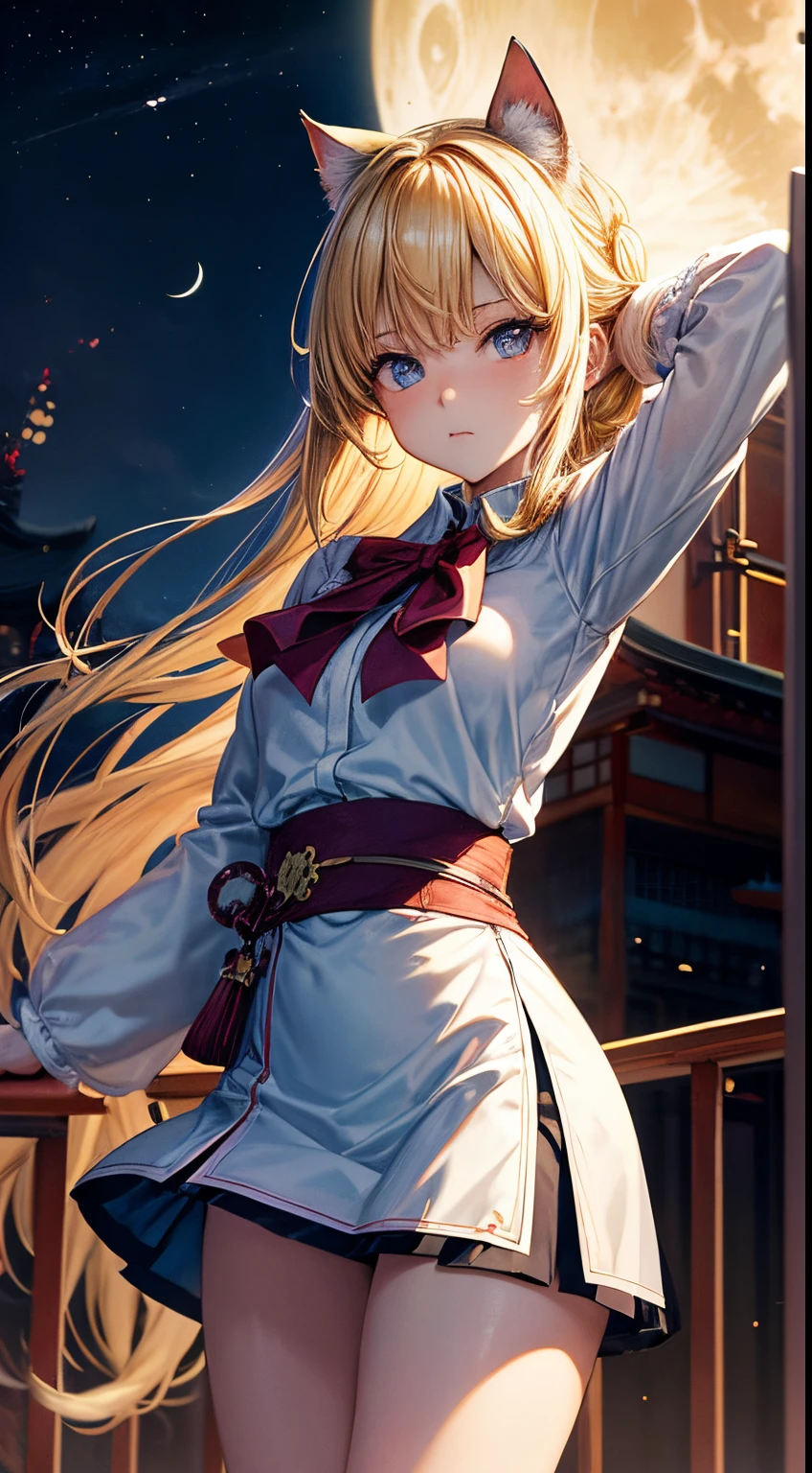 Shigeru Tamura, Anne Anderson, Surreal, mysterious, bizarre, fantastical, fantasy, Sci-fi, Japanese anime, blonde miniskirt beautiful girl Alice, perfect voluminous body, On a night with a crescent moon, to eat moon viewing dumplings, With a cat, Night city, skyscrapers, tranquility, detailed masterpiece