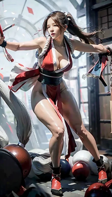 mai shiranui, Brown eyes, (Full body portrait:1.4), Full body, (skinny), Prestige, Long hair, Brown hair, White ribbon, Sleeveless, poneyTail, sash, pelvis curtain, arm guards, mitts, (tabi:1.4), fascinated expression, Sexy eyes, medium breasts, Smile, Cute, view the viewer, Long hair, Close to Japan temple, (breasts focus:1.2), (Realistic:1.2), (Full Shot: 1.2), (Realism), (masutepiece:1.2), (Best Quality), (ultra-detailliert), (8K, 4K, Convoluted), (85 mm), light Particle, Lighting, (Highly detailed:1.2), (Detailed face:1.2), (gradients), SFV, Colorful, (Detailed eyes:1.2), (Detailed temples of Japan: 1.2),(Detailed background), (Dynamic Angle:1.2), (Dynamic Pose:1.2), (Line of action:1.2), Wide Shot, Daylight, Solo.