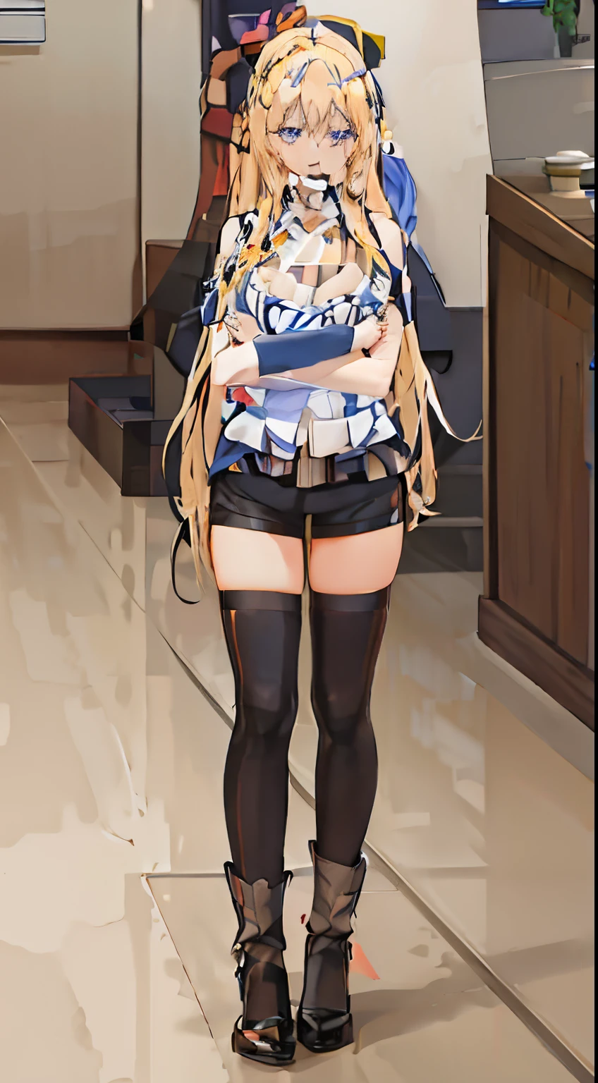 Anime girl wearing blue and white striped top and black shorts, anya from spy x family, Kitagawa Marin fan art, Blonde long hair anime girl, From the maiden front, Anime Maid SS Military, anime girl named lucy, seductive anime girls, short full body portrait!, azur lane style, From《Azur route》videogame, !!full-body portraits!!