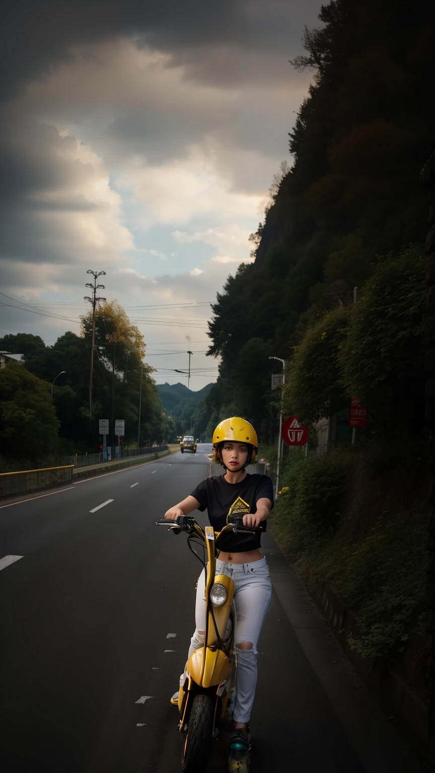 there is a hot women riding a scooter on the road, standing in road, wearing skating helmet, wearing helmet, wearing a helmet,wearing yellow crop tshirt, wearing crop tee, wearing crop top, on a road, riding on the road, riding on the moped scooter, wearing skate helmet, wearing her helmet, standing bravely on the road, yellow helmet, without helmet, standing in street, lonely rider