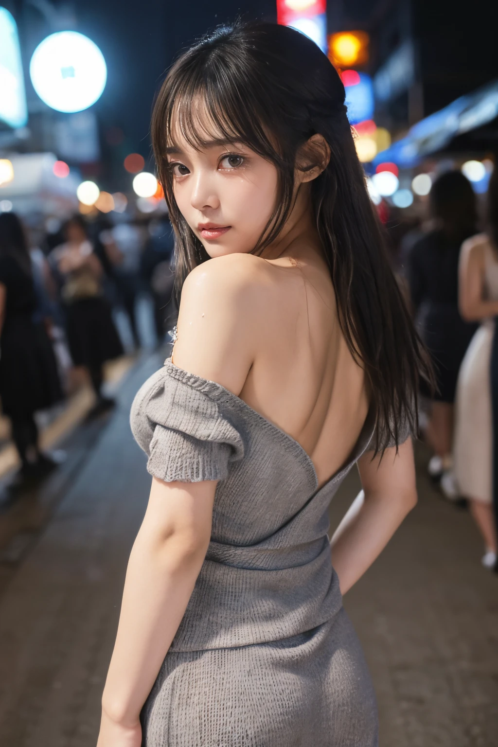 ((Best Quality　8K Masterpiece)) Japanese ido　((Race Queen))　a beauty girl　18year old　((beautiful symmetrical eye　shiny plump lips))　Short wavy brown hair with bangs　((sexypose　Looking at the camera))　　((Gray knitted dresses　There is no fabric from the back to the waist.The chest is open.:1.4)　Downtown alley at night　Night view of Shinjuku　Duck mouth　Glossy skin wet with sweat　close up of face　Teary-eyed