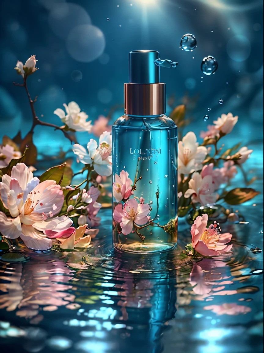 (best quality, 4k, 8k, high resolution, masterpiece), ultra-detailed, photorealistic, blender, ((makeup bottle)), cherry blossom wrapped around, blue sky background, water, sunlight, low perspective, product rendering