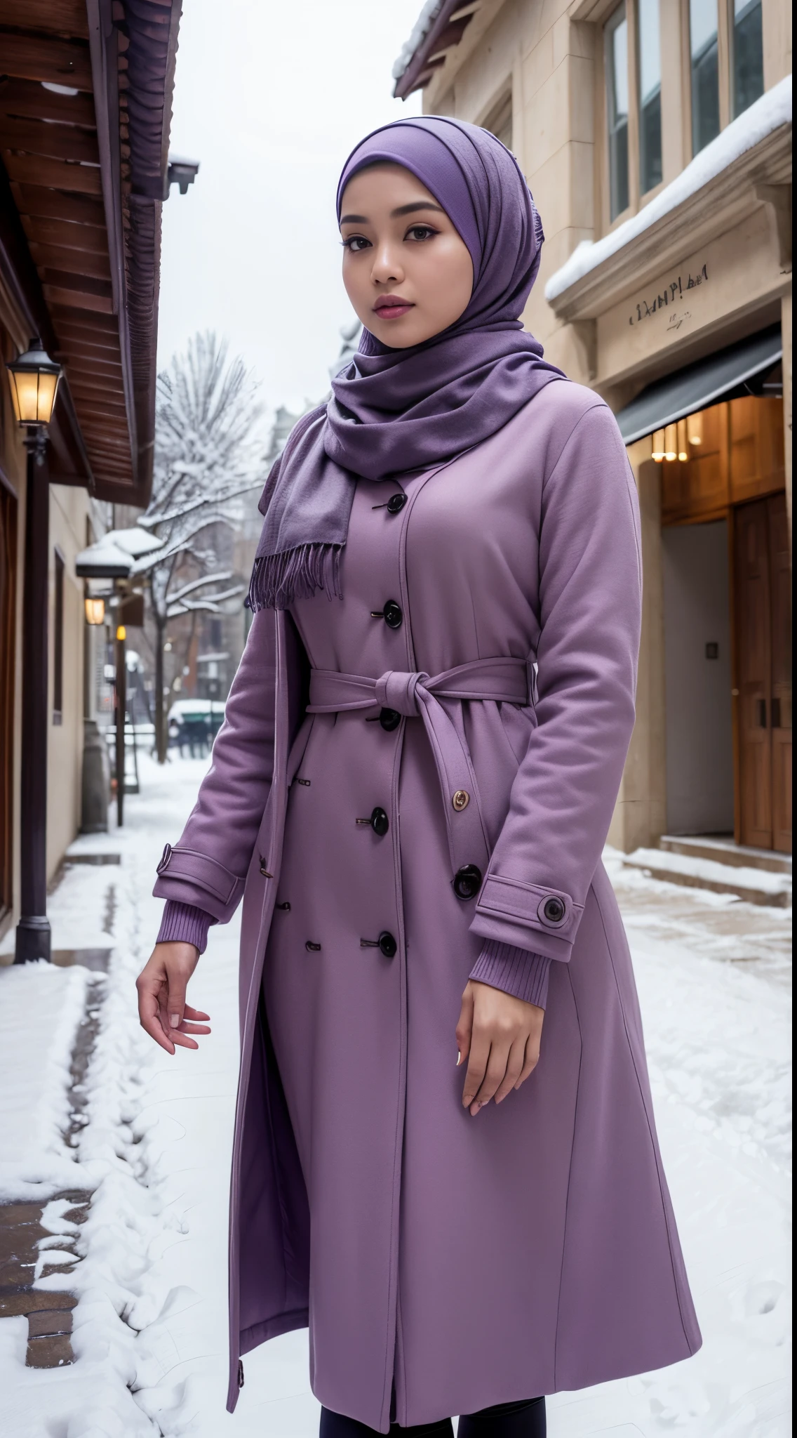 RAW, Best quality, high resolution, masterpiece: 1.3), beautiful Malay woman in hijab (iu:0.8),(masterpiece:1.1), (detailed:1.1), (realistic:0.8), 1girl, (pale purple hijap:1.2) + (long hijap:1.1), medium breasts, (sweater dress:1.1), (wind coat:1.1), scarf, hijap decoration, street, sky, snows,