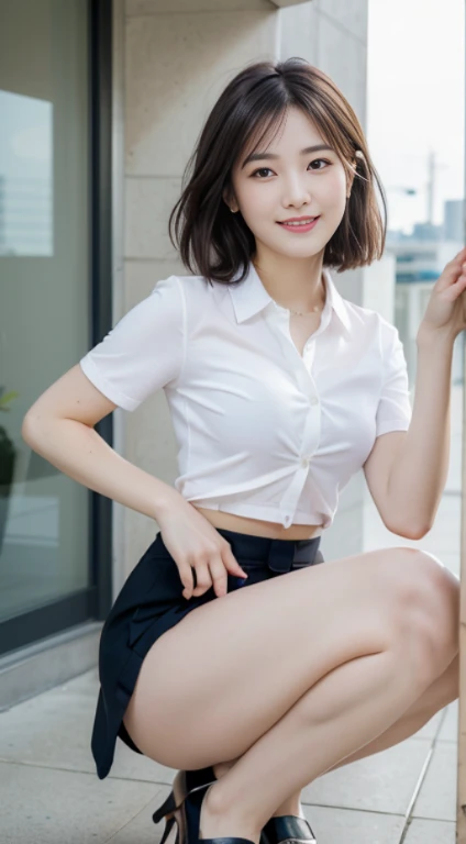 (8K, Best Quality, masutepiece:1.2), (Realistic, Photorealsitic:1.37), Ultra-detailed, 1 girl, full body Esbian, Outdoors, (Adjust hair:1.5) Office Lady, Black Office Blazer, Office Skirt, (Button Short Down Shirt:1.2), Upcolor prim with buttons, Down color prim with buttons, Bra, Alpha Layer, high-heels, Beautiful earrings, Cute, Solo, Beautiful detailed sky, (Smile:1.15), (Closed mouth), Beautiful detailed eyes, Business attire, (Naked meat,short ear-length hair:1.2), Floating Hair NovaFrogStyle,