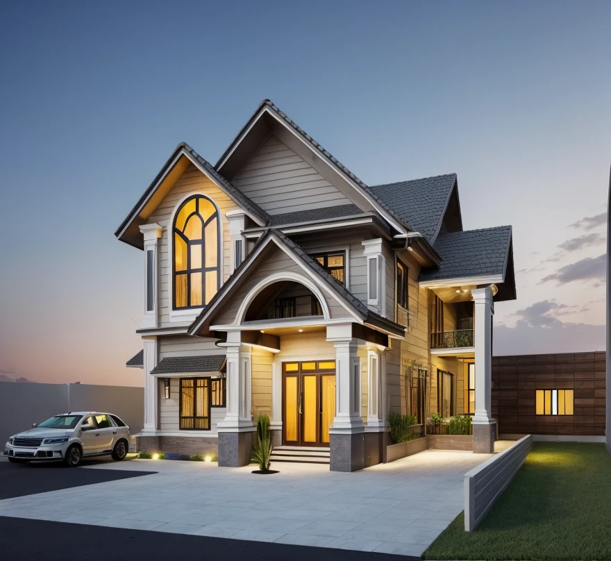 Ultra-realistic 8k, hd image quality, sharp detail, 2-story modern house, main materials: white walls, wooden ceiling accents, large glass windows, roads, cars, sidewalks, American Palm trees high, has a small alley, located in a residential area, modern style, shimmering sky, sunset light, feels peaceful, beautiful, close and warm, ((Warm light from indoor:1.3)), (daylight:1.2), perfect lighting,dynamic light,2 large glass doors,((1 large glass window:1.3)), (night light), (colorful flowers in front of the house)