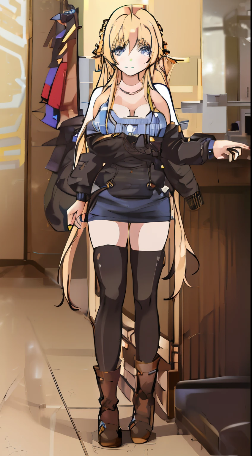 Anime girl wearing short skirt and boots standing in room, From the maiden front, finely detailled. Girl Front, Girly frontline style, azur lane style, From《Azur route》videogame, anya from spy x family, Blonde long hair anime girl, Shoujo Frontline CG, Kitagawa Marin fan art, short full body portrait!, 《Azur route》role