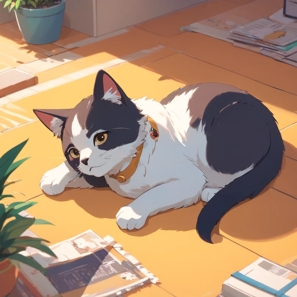 Cute isometric cat emoticon, tuxedo jack, black and white cat, Fluffy and cute,     Kitten sleeping on her stomach ，  All over soft golden background, soft and muted colors, 3d icon clay render, springtime: 120mm, 3d blender render, Trending on Polycount, modular constructivism, Orange background, physically-based renderingt,