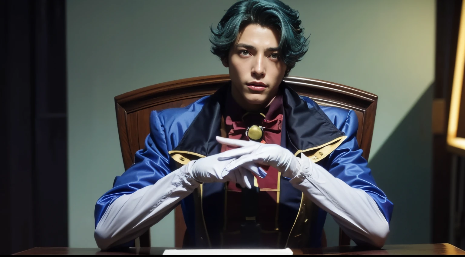 (masterpiece, best quality:1.2), highres, anime screencap, anime coloring, 1boy, male focus, solo, smile, open mouth, Jeremiah_Chugi_Wald, blue hair, green hair, short hair, brown eyes, formal, suit, jacket, long sleeves, ascot, white gloves, gloves, sitting, looking at viewer, upper body, chair,