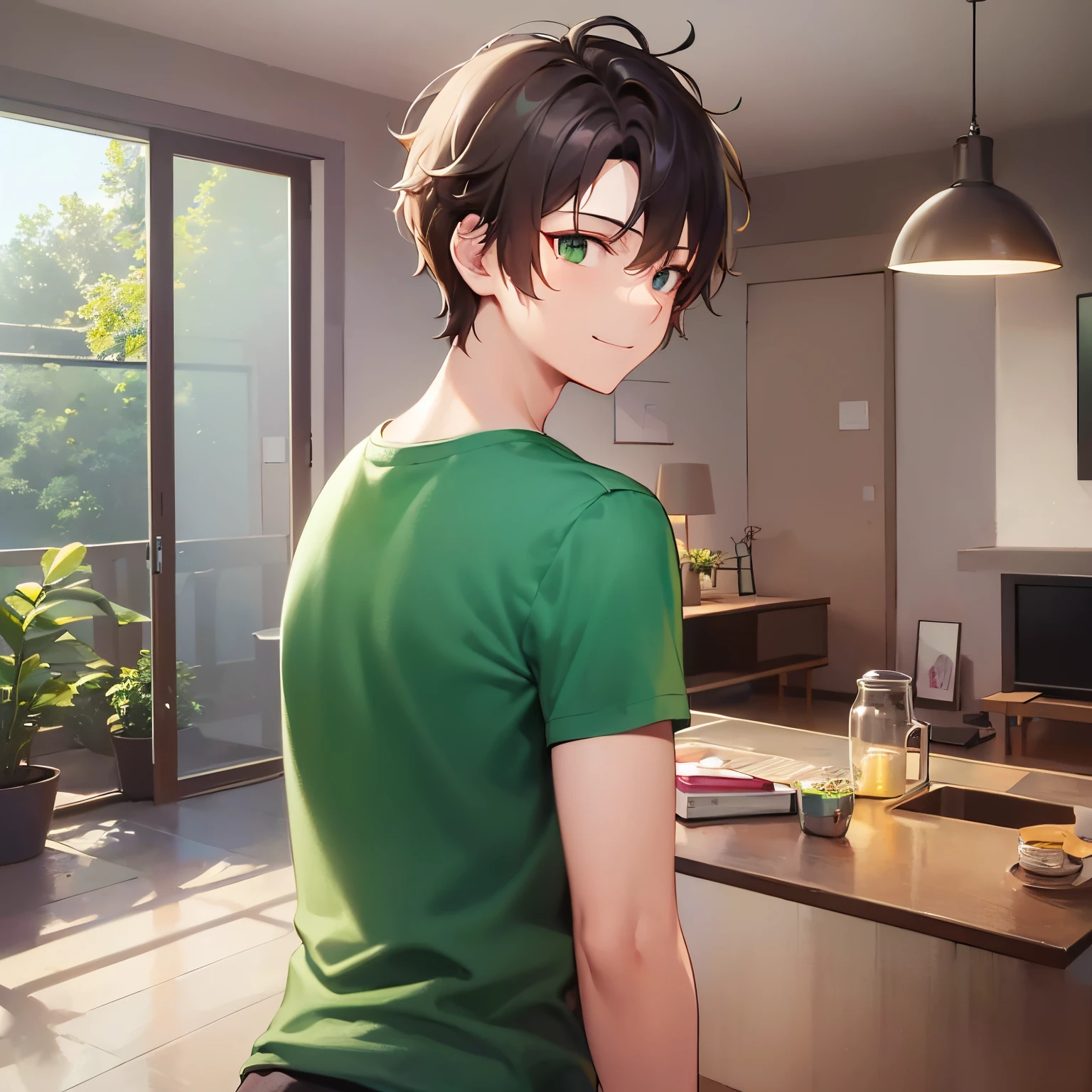 (look away:1.3),from behind, masterpiece、hightquality、18 year old male with short brown hair and green eyes、Wearing a green T-shirt、(Alone:1.5)、(Gentle smile:1.1)、(Only the upper body is shown.:1.3)、I'm in the living room、bold standing composition、