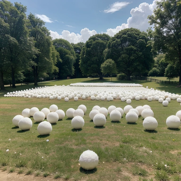 The chibi sheep play with fabric white balls,