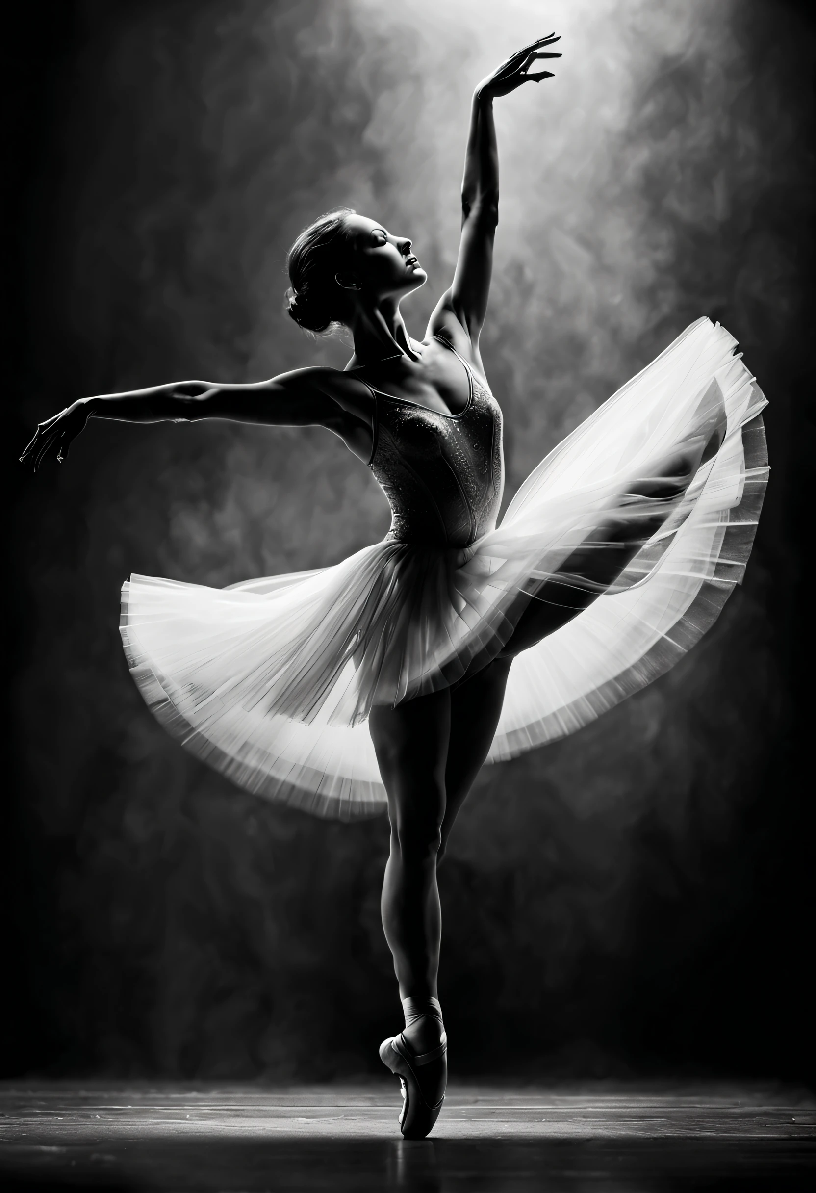 (Ballet dancer dancing silhouette), dense fog, Very soft backlight, Black light art,black and white photography ,low angles,(tmasterpiece), super detailing, high detal, high high quality, Award-Awarded, Best quality at best, A high resolution, 16k,black and white photography,