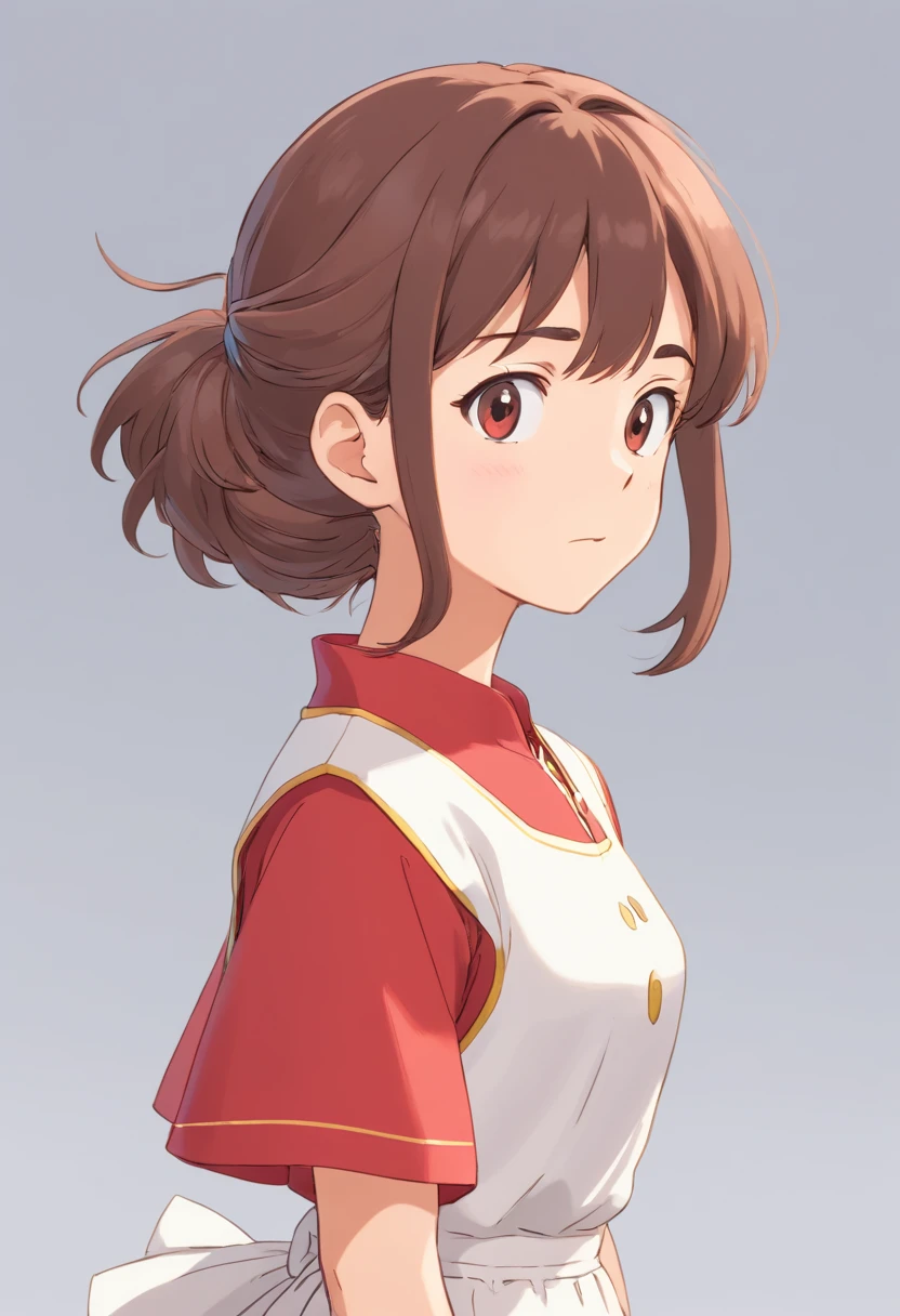 Anime character wearing red shirt and white skirt standing in front of white background, Ghibli animation style, Ghibli animation style, studio ghibli and shinkai makoto, chihiro! fujisaki, heroines 👀 :8, studio ghibli anime screenshot, heroines, Iwakura Co., Ltd., from the studio ghibli film, in the studio ghibli anime film,Lateral face,back,to talk,with her mouth open