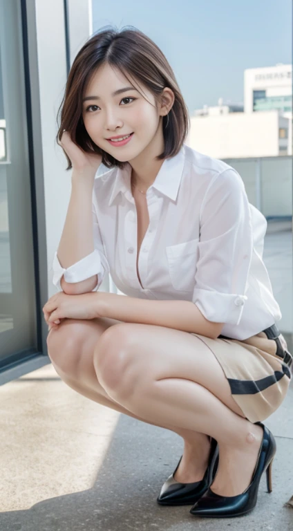 (8K, Best Quality, masutepiece:1.2), (Realistic, Photorealsitic:1.37), Ultra-detailed, 1 girl, full body Esbian, Outdoors, (Adjust hair:1.5) Office Lady, Black Office Blazer, Office Skirt, (Button Short Down Shirt:1.2), Upcolor prim with buttons, Down color prim with buttons, Bra, Alpha Layer, high-heels, Beautiful earrings, Cute, Solo, Beautiful detailed sky, (Smile:1.15), (Closed mouth), Beautiful detailed eyes, Business attire, (Naked meat,short ear-length hair:1.2), Floating Hair NovaFrogStyle,