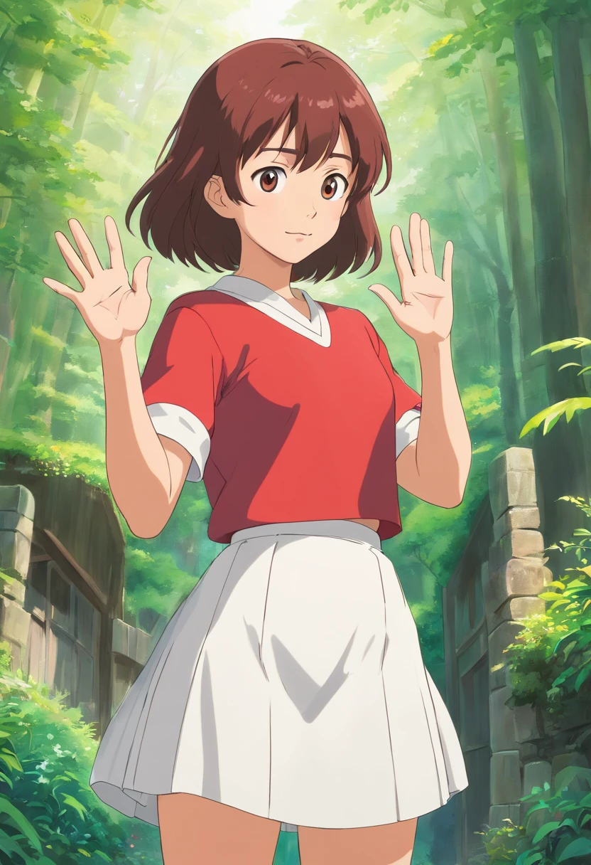 Anime character wearing red shirt and white skirt standing in front of white background, Ghibli animation style, Ghibli animation style, studio ghibli and shinkai makoto, chihiro! fujisaki, heroines 👀 :8, studio ghibli anime screenshot, heroines, Iwakura Co., Ltd., from the studio ghibli film, in the studio ghibli anime film,waving hands