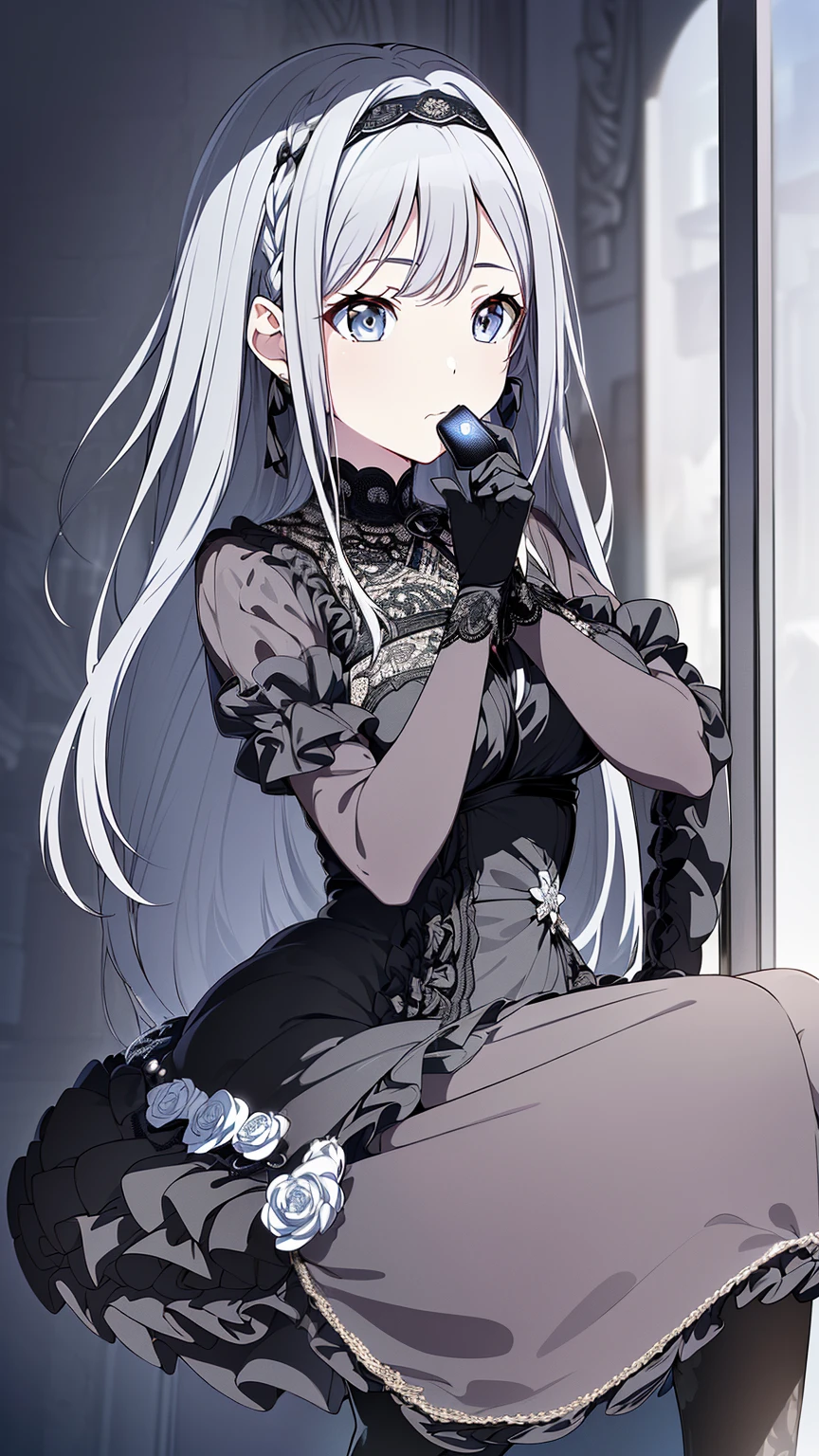 (masutepiece), (Best Quality), (Best Detail),Very detailed face, (Anime girl with silver hair and light blue eyes), anime moe art style, Anime visuals of cute girls,anime style 4 k,Slender and cute girl, Beautiful anime girl, clean detailed anime art, Cute anime girl, high detailed official artwork,((high-level image quality,hightquality,Every detail,Well equipped,8K,ultra-detailliert,masterpiece,masuter piece)),(((1girl in,独奏))),(((Black Lace Headband))),((hair is braided short)),((Keep your mouth shut)),(((Very delicate and beautiful silver hair))),(((Beautiful and clear light blue eyes down to every detail,Beautiful light blue eyes,Super detailed cute face))),teak,A slight smil,(((The most beautiful girl in the world,Super cute girl))),(((16-year-old girl))),(anime illustrated),(((highly detailed black wedding dress,long gloves of black color,Detailed black pantyhose,Black High Heels))),((The chest of the dress has a lace pattern.、.、.、.、.、.、.、.)),Black Rose,(((Highly detailed silver hair,super thick super long silver hair))),(((highly detailed light blue eyes))),a girl is standing,teak,A slight smil,Embarrassed look,take a photo of a girl,Cute gesture,(((highly detailed light blue eyes)))