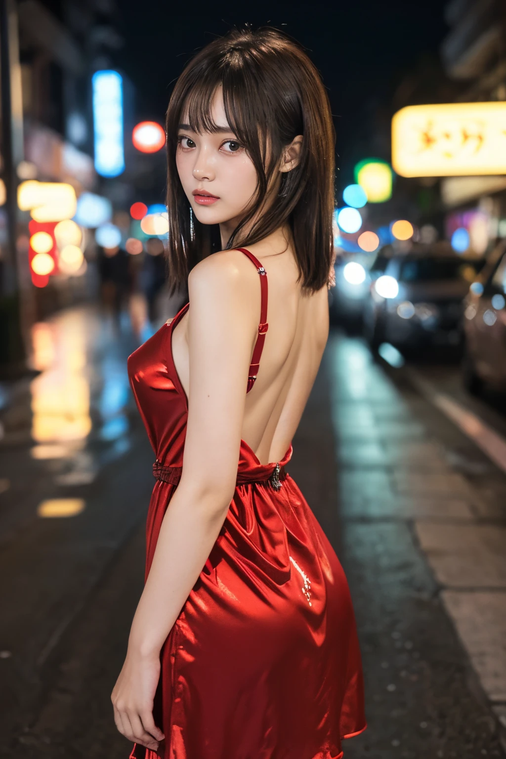 Masterpiece of one teenage girl, Chinese origin, short cocktail dress, sleeveless, necklace, bracelet, earrings, thigh high stockings, highly detailed face, smile with parted lips, detailed eyes, smokey eyes, messy short hair, skinny body, small breasts, flat chest, walking in a street, at night, neon lighting and shiny advertising