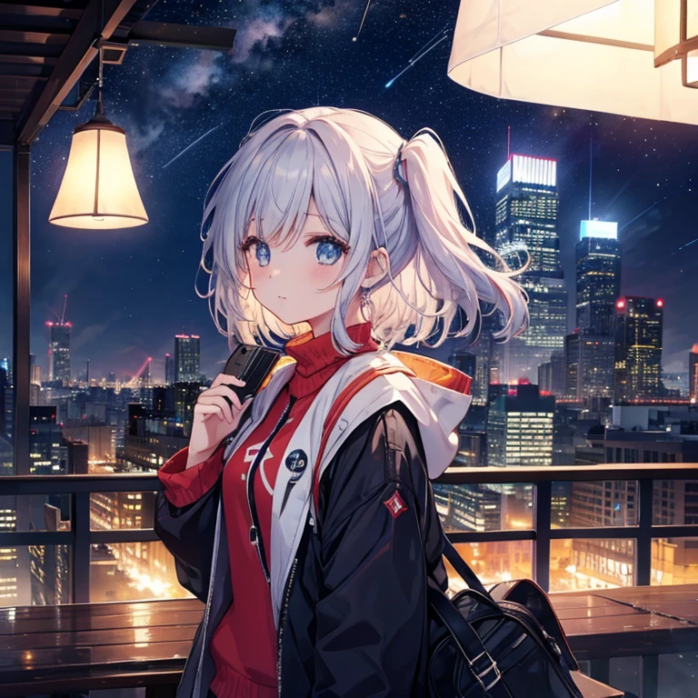 city、buliding、girl looking at the stars、rooftop high quality