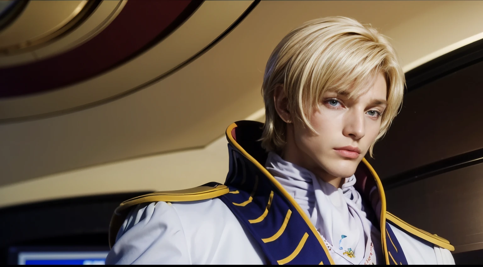 (masterpiece, best quality:1.2), highres, anime screencap, anime coloring, 1boy, solo, male focus, Schneizel_ELB_V1, mature male, blonde hair, short hair, bangs, blue eyes, (small eyes:1.2), military, military uniform, ascot, brooch, epaulettes, looking at viewer, facing viewer, portrait,