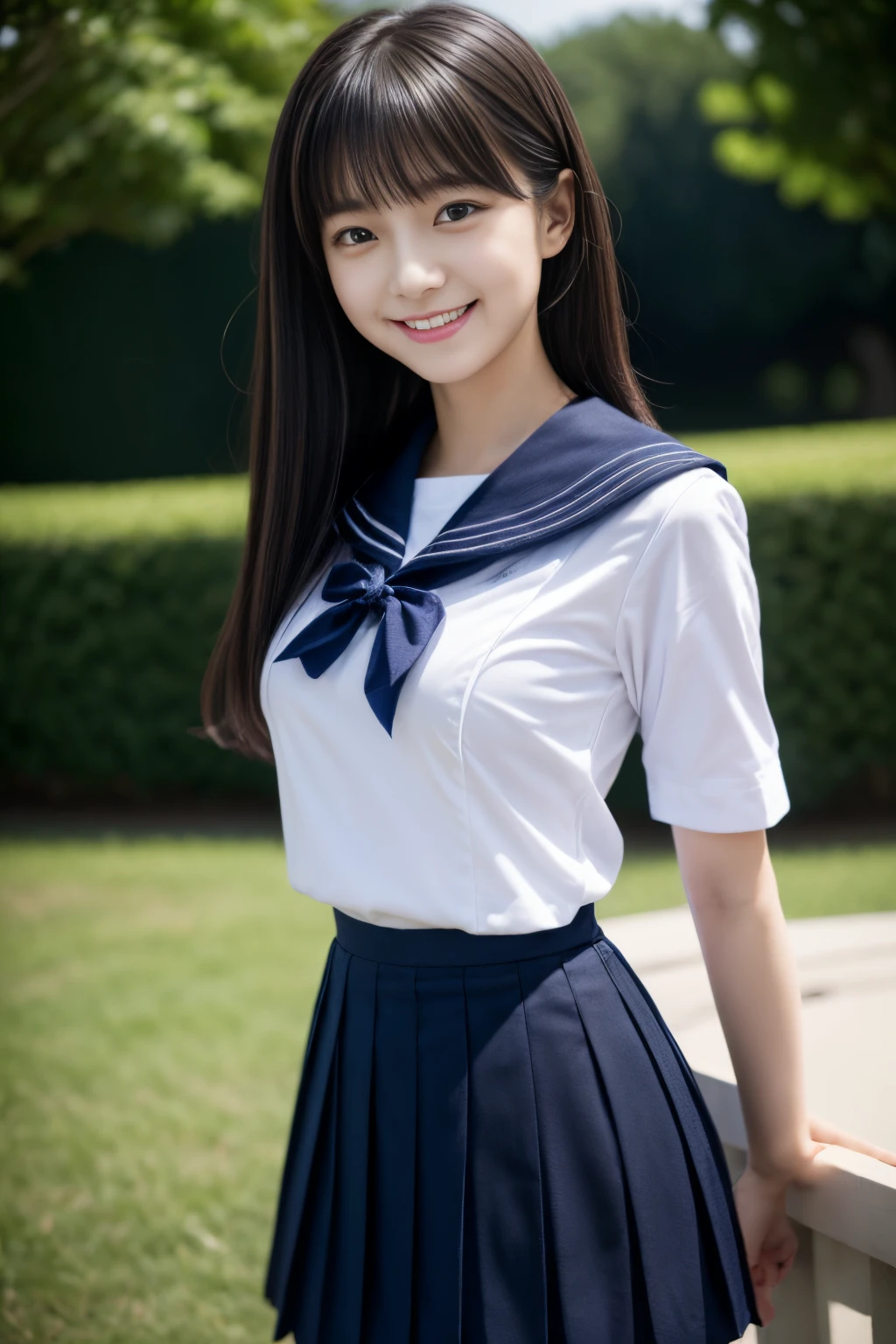 portrait photo of a female, Japan person model, Beautiful Asian Girl, -yeld fee model, 4K、bangss、A dark-haired、bobhair、Middle hair、Straight hair、(white shirt, Sailor School Uniform, Dark blue pleated skirt:1.2), (Super cute face in idol style:1.2)、slim and beautiful figure、beutiful breast、A smile、full body Esbian、white sock、