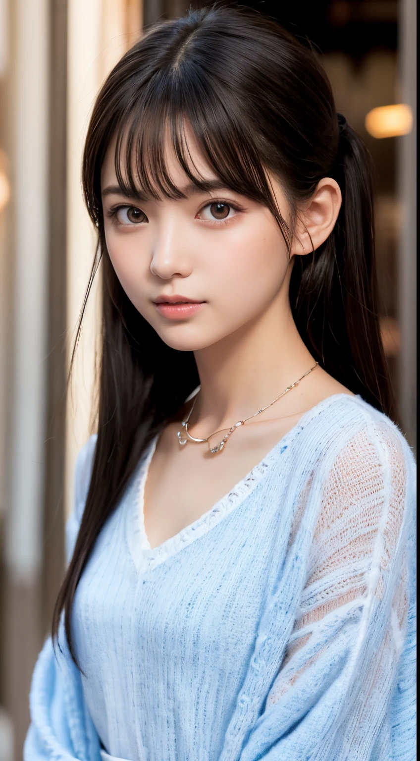 NFSW、masutepiece、masterpiece、1 girl in、(close up of face、cowboy shot)、Straight front view、japanes、very young cute woman、(The cutest girl in the world)、18year old、Smaller face、large full breasts、Autumn knit jacket、Sheer inner、Chiffon skirt、Ultra-detailed costumes、Smiling in a café、Scrunchie、Thin necklace、Glamorous figure、hyper cute face、shiny lip、Double eyelids in both eyes、 natural make up、long eyeslashes、shiny smooth light brown hair、bangss、Short twin tail hair、asymmetrical bangs、image in center、8K分辨率、high détails、Detailed hairstyles、A detailed face、spectacular movie lighting、octane renderings、with a vibrant、Ultra-realistic、Perfect limbs、perfect anatomia