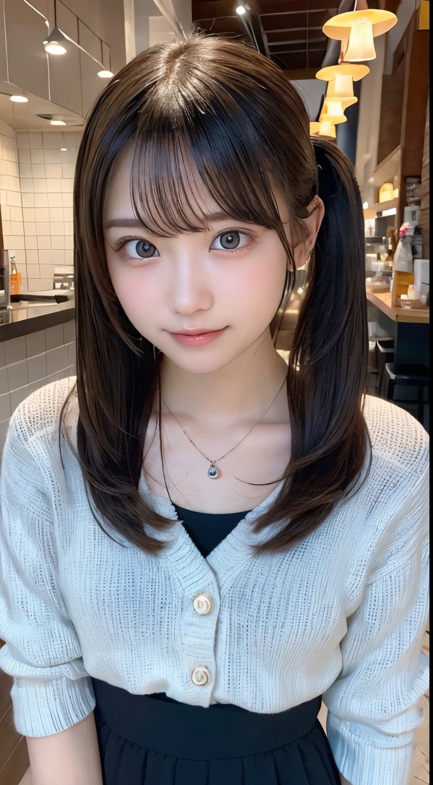 NFSW、masutepiece、​masterpiece、1 girl in、(close up of face、cowboy  shot)、Straight front view、japanes、very young cute woman、(The cutest girl in the world)、18year old、Smaller face、large full breasts、Autumn knit jacket、Sheer inner、Chiffon skirt、Ultra-detailed costumes、Smiling in a café、Scrunchie、Thin necklace、Glamorous figure、hyper cute face、shiny lip、Double eyelids in both eyes、 natural make up、long eyeslashes、shiny smooth light brown hair、bangss、Short twin tail hair、asymmetrical bangs、image in center、8K分辨率、high détails、Detailed hairstyles、A detailed face、spectacular movie lighting、octane renderings、with a vibrant、Ultra-realistic、Perfect limbs、perfect anatomia