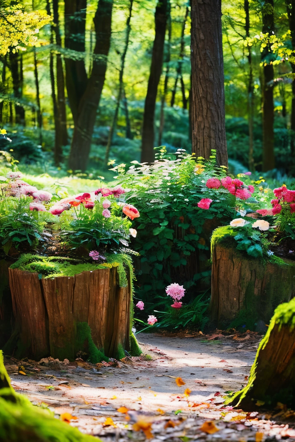 flowers in stump, fairytale, blurr, forest, sunlight, colorful, peaceful,