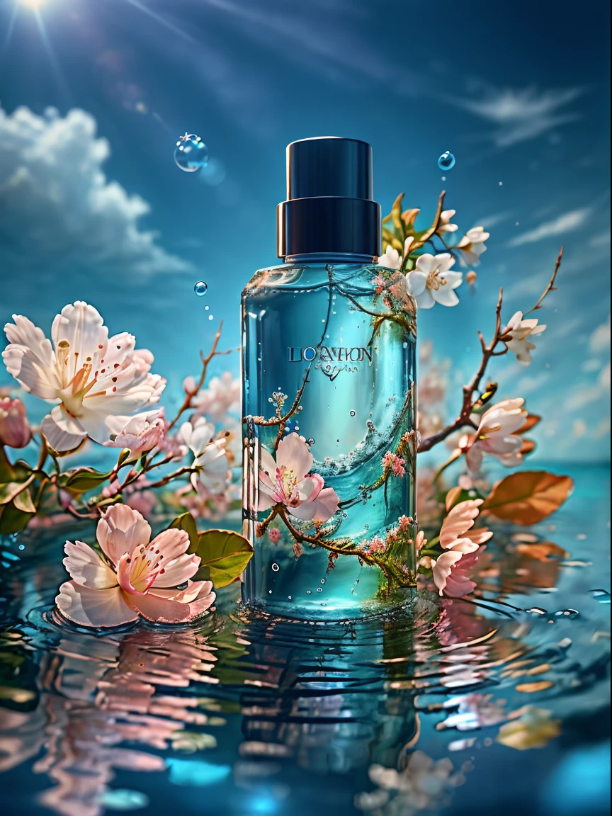 (best quality, 4k, 8k, high resolution, masterpiece), ultra-detailed, photorealistic, blender, makeup bottle, cherry blossom wrapped around, blue sky background, water, sunlight, low perspective, product rendering