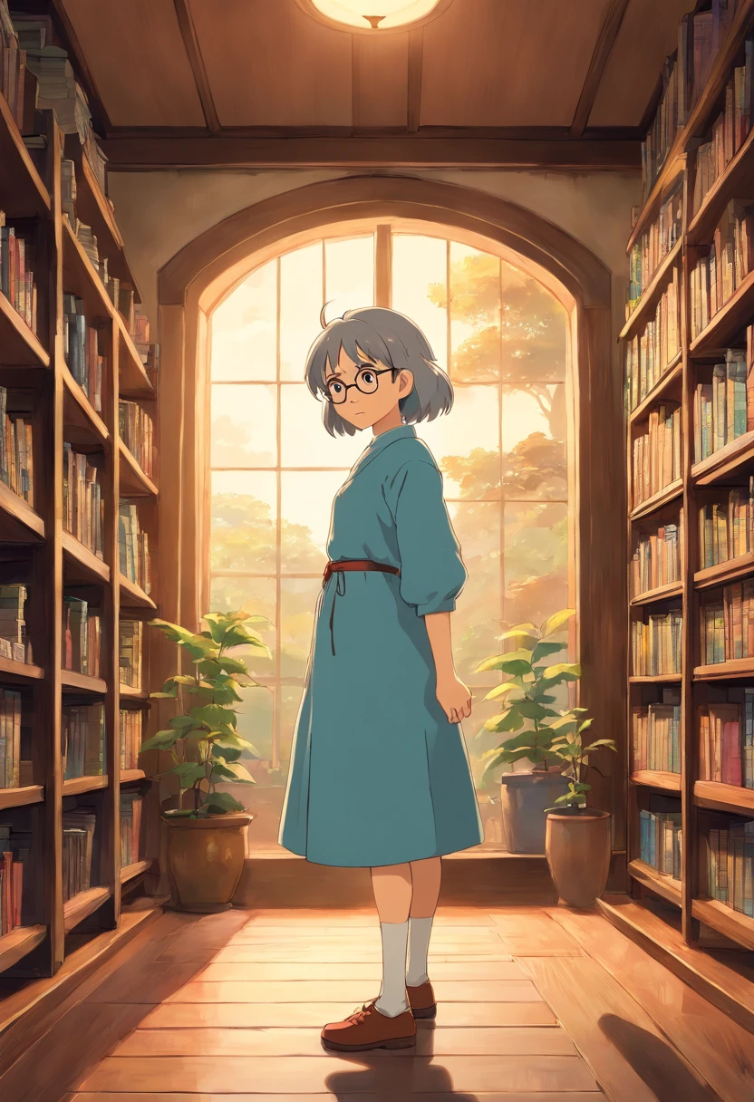 Anime character standing in a room with bookshelves and windows, in style of hayao miyazaki, in the style of Hayao Miyazaki, Miyazaki style, Miyazaki's animation style, miyazaki's animated film, incredible miyazaki, Miyazaki Films, miyazaki movie, Studio Ghibli official stills, hiyao miyazaki