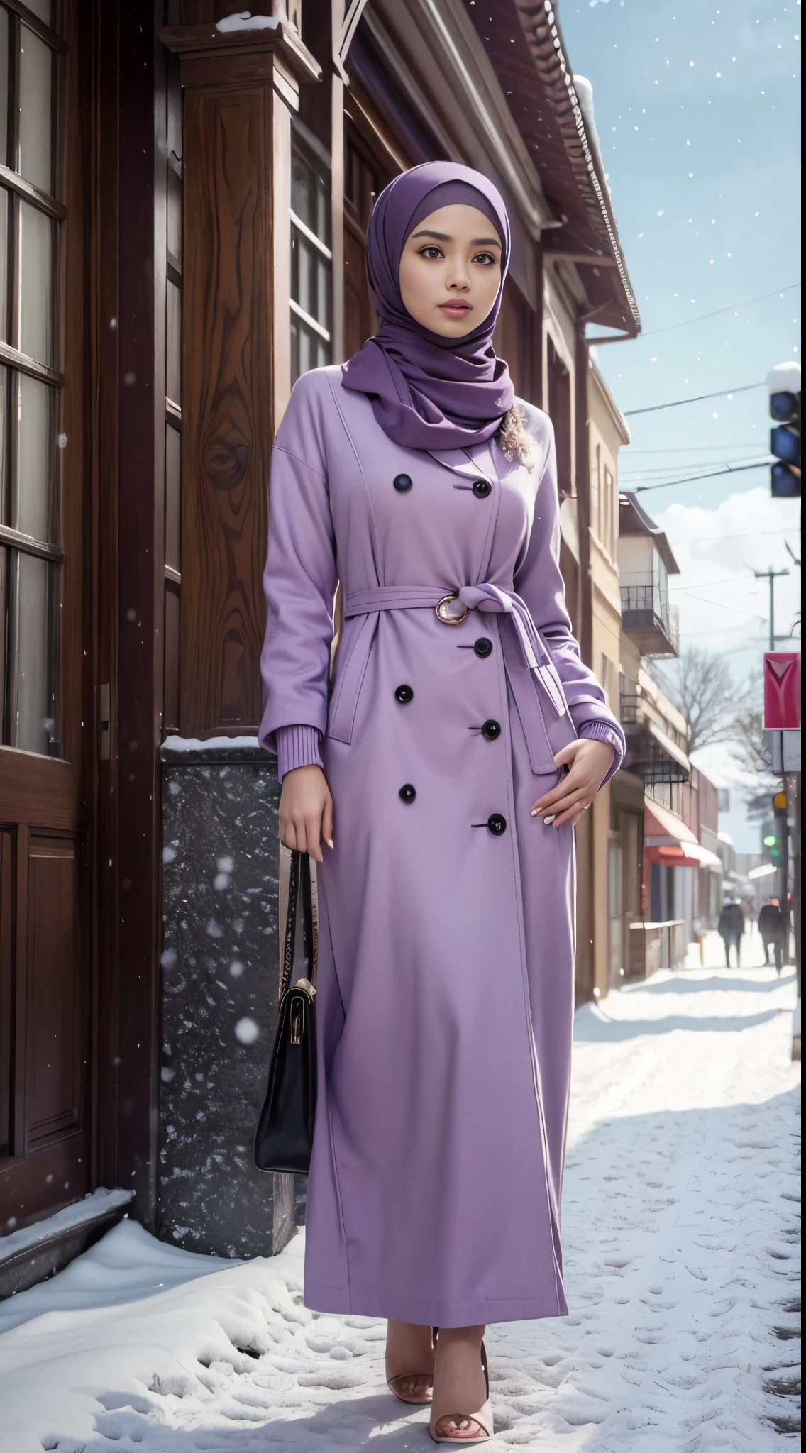 RAW, Best quality, high resolution, masterpiece: 1.3), beautiful Malay woman in hijab (iu:0.8),(masterpiece:1.1), (detailed:1.1), (realistic:0.8), 1girl, (pale purple hijap:1.2) + (long hijap:1.1), medium breasts, (sweater dress:1.1), (wind coat:1.1), scarf, hijap decoration, street, sky, snows,