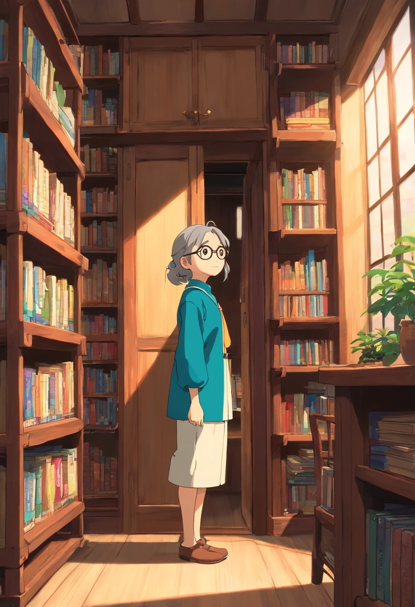 Anime character standing in a room with bookshelves and windows, in style of hayao miyazaki, in the style of Hayao Miyazaki, Miyazaki style, Miyazaki's animation style, miyazaki's animated film, incredible miyazaki, Miyazaki Films, miyazaki movie, Studio Ghibli official stills, hiyao miyazaki,Three View,