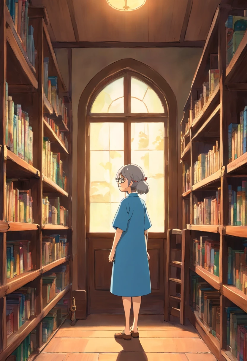 Anime character standing in a room with bookshelves and windows, in style of hayao miyazaki, in the style of Hayao Miyazaki, Miyazaki style, Miyazaki's animation style, miyazaki's animated film, incredible miyazaki, Miyazaki Films, miyazaki movie, Studio Ghibli official stills, hiyao miyazaki，Three View，