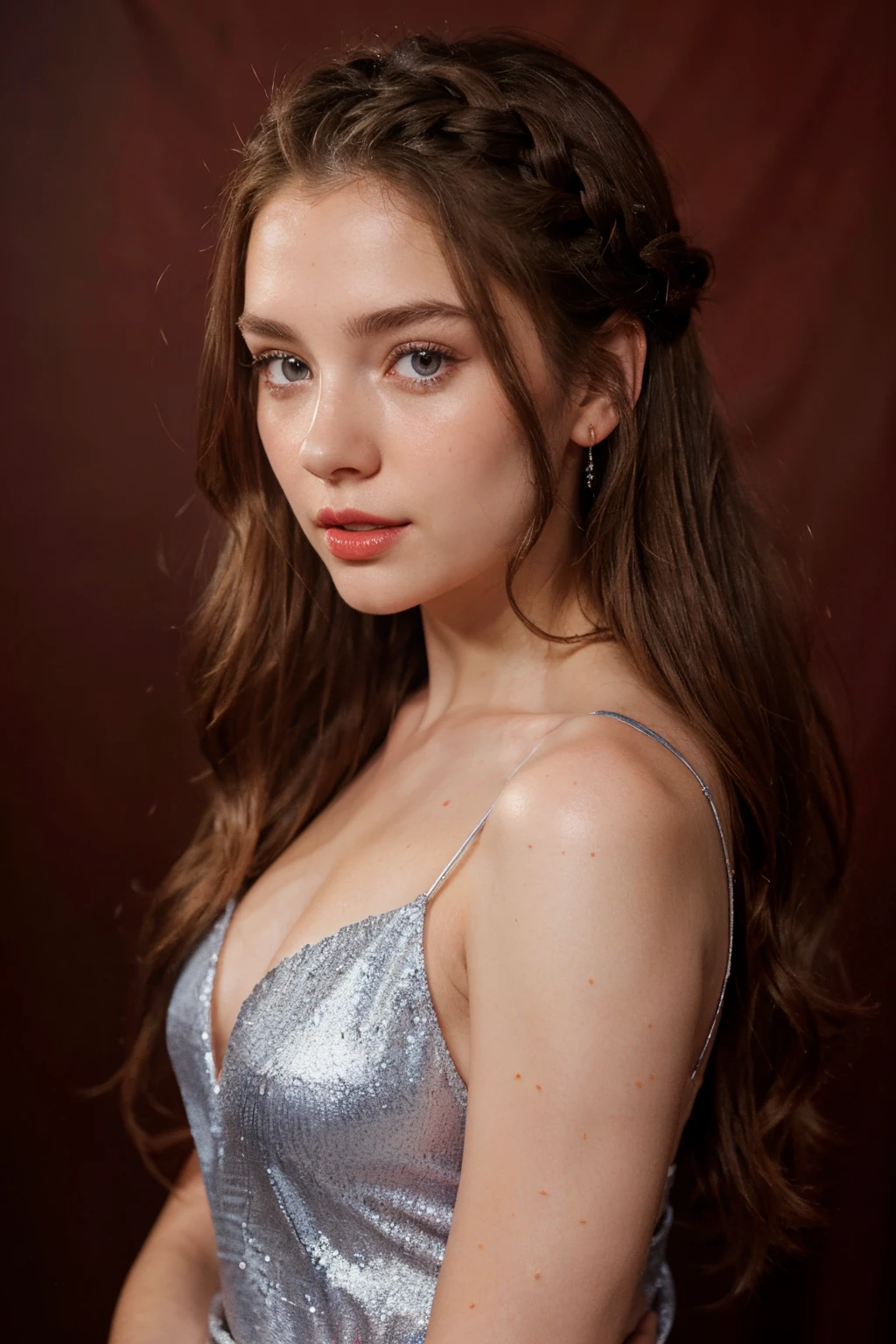 European girl with brown hair, blue eyes, long hair, beautiful face, pale face, beautifully styled hair, thin lips, rosy cheeks, stands against the background of red confit, the red background is shiny, red stripes with glitter on the background, a silver dress with a deep neckline , long, form-fitting, beautiful long hem, hair styled in waves, beautiful braids on the top of the head, silver makeup, red lips