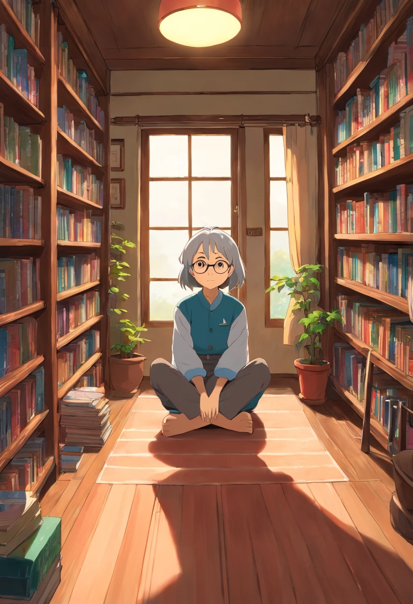 Anime character standing in a room with bookshelves and windows, in style of hayao miyazaki, in the style of Hayao Miyazaki, Miyazaki style, Miyazaki's animation style, miyazaki's animated film, incredible miyazaki, Miyazaki Films, miyazaki movie, Studio Ghibli official stills, hiyao miyazaki,sitting down,