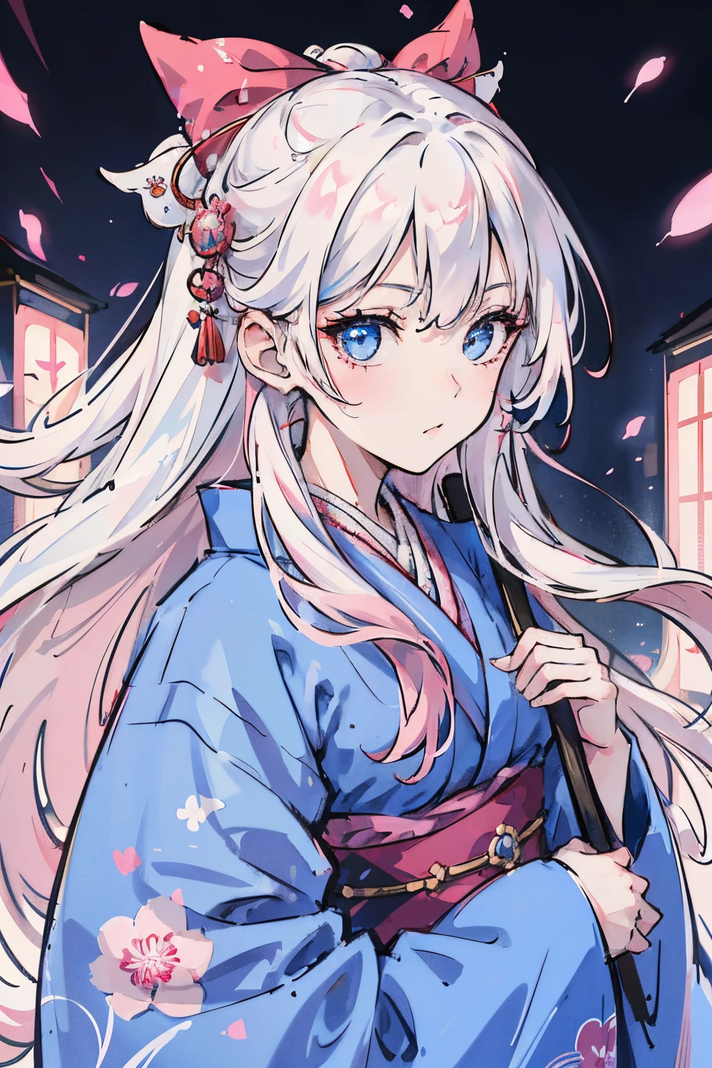 1girl, Long white hair, blue eyes, wearing pink japanese kimono, city, absurdres, high res, ultrasharp, 8K, masterpiece, looking at viewer