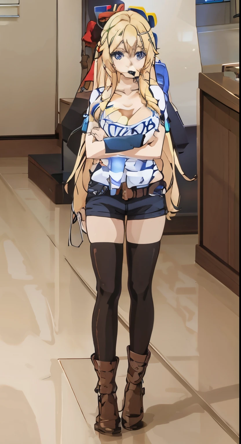 Anime girl wearing blue and white striped top and black shorts, anya from spy x family, Kitagawa Ocean Fan Art, Blonde long-haired anime girl, from the girl, Anime Maid SS Military, anime girl named lucy, seductive anime girls, short full body portrait!, azur lane style, Translucent fluid flowing from the《Azure route》videogame, !!full-body portraits!!