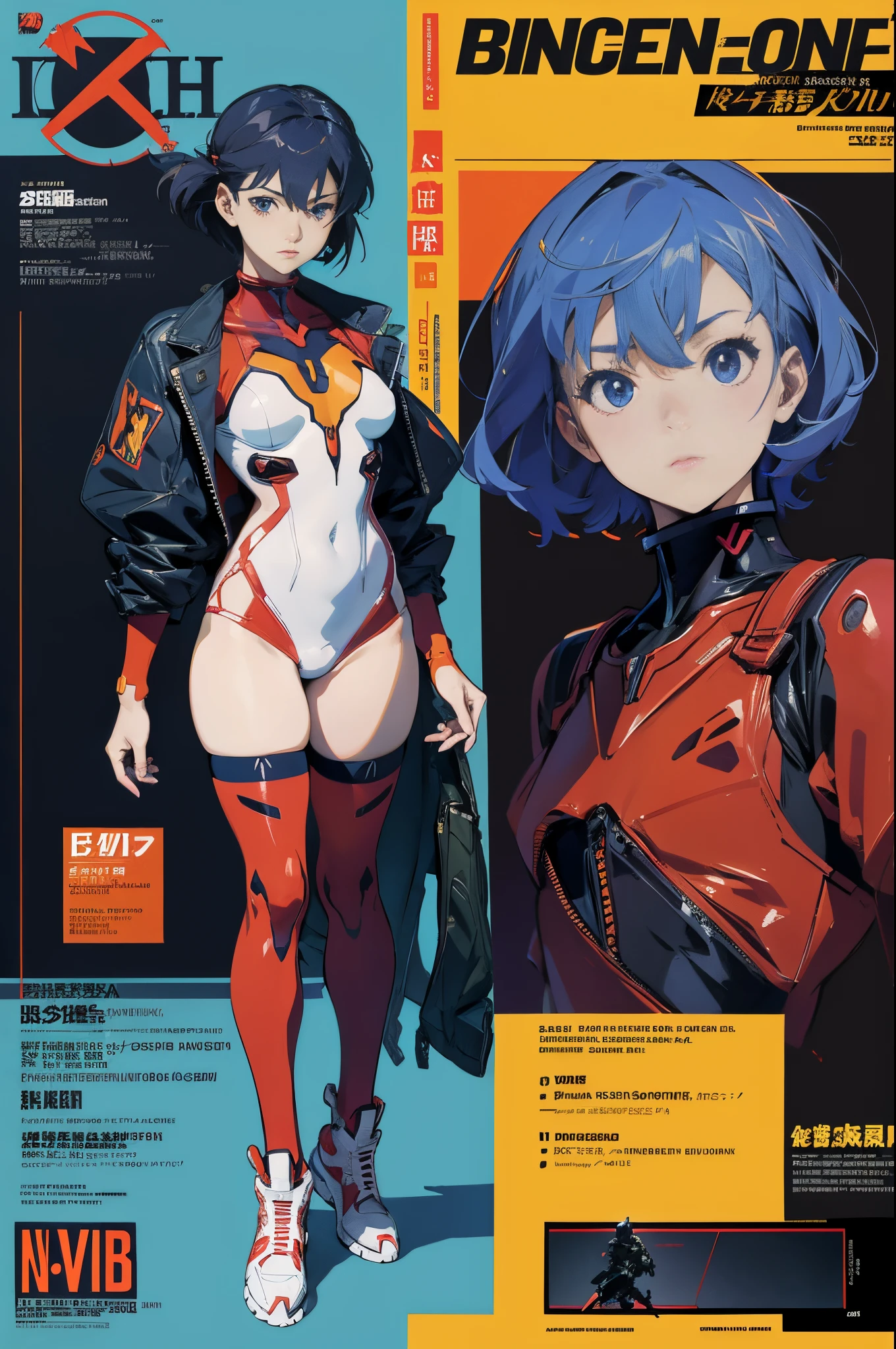 line-art, art book, design sheet, 8k, best quality, design, equipment design, Evangelion, eva, cowboy bebop, geometry, wearing Yeezy fashion, magazine, illustrations