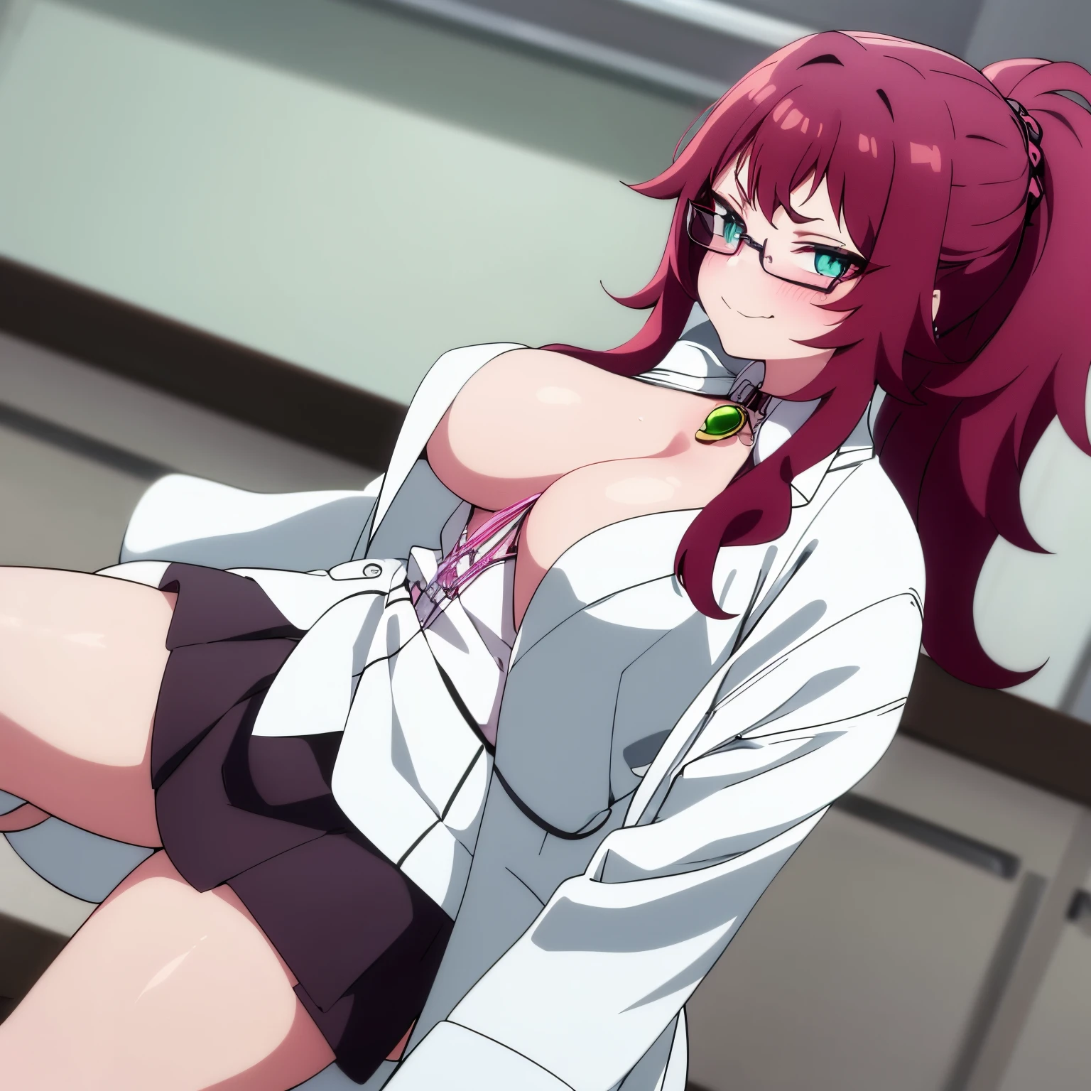 1 girl, alone, yakuzen kusuri, young, ager, 18 years old, long hair, wavy hair, dark reddish hair, ponytail, locks with two divisions on the head, locks on both sides of the face, turquoise eyes, good hands, good anatomy, wearing glasses, reddish glasses on face, bewildered, seductive, smiling, closed mouth, sexy posture, chemistry classroom, laboratory, white coat, lab coat, sleeves folded around the elbows, cleavage, clothing interior, purple bra with black lace, necklace with green gem around the neck, black skirt, miniskirt, black loafers, black stockings, stockings that cover the calves, large breasts, medium waist, medium hips, wide thighs