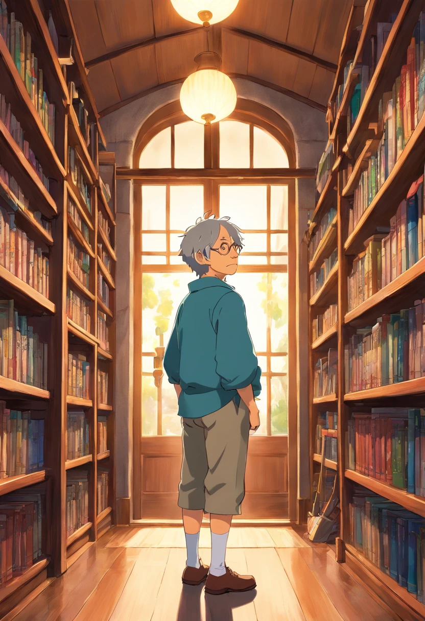 Anime character standing in a room with bookshelves and windows, in style of hayao miyazaki, in the style of Hayao Miyazaki, Miyazaki style, Miyazaki's animation style, miyazaki's animated film, incredible miyazaki, Miyazaki Films, miyazaki movie, Studio Ghibli official stills, hiyao miyazaki，Grandpa，