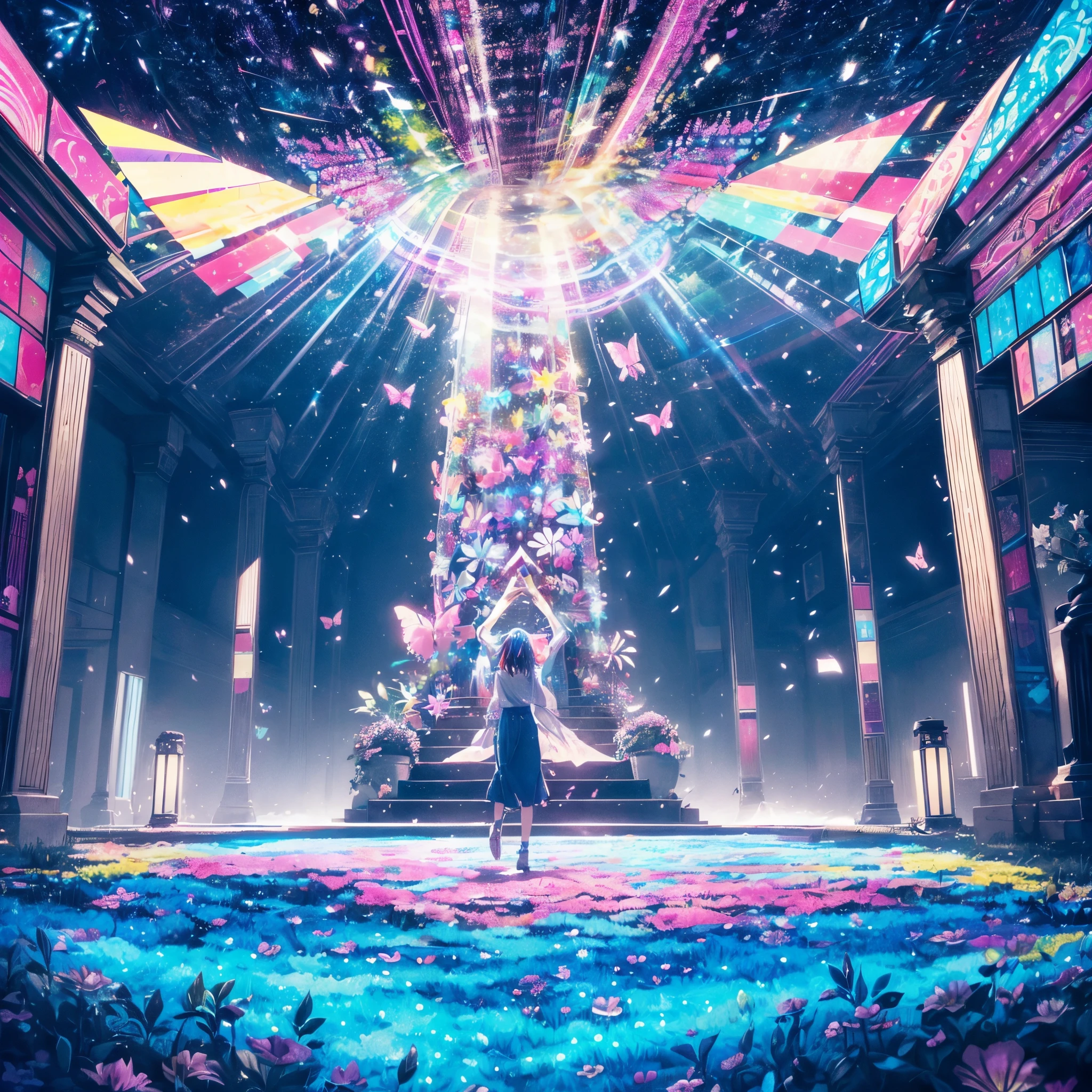 top-quality、masutepiece、1womanl、独奏、(abstract  art:1.4),(Psychedelia Theme:1.6),(Blue World)、There is a beautiful woman at the center of the world,A ray of light spreads,Snow and ice crystals spreading from the center,Diamond Dust,prisma(Nostalgic atmosphere),Cool morning clouds are calm and peaceful,The tree々Gentle sunlight illuminates the space.,Like multicolored glass,Garden Girl,gentle sunlight,Soft breeze,Delicate flowers,Butterflies flutter by,Mesmerizing natural beauty,Fragments of Shining Stars,